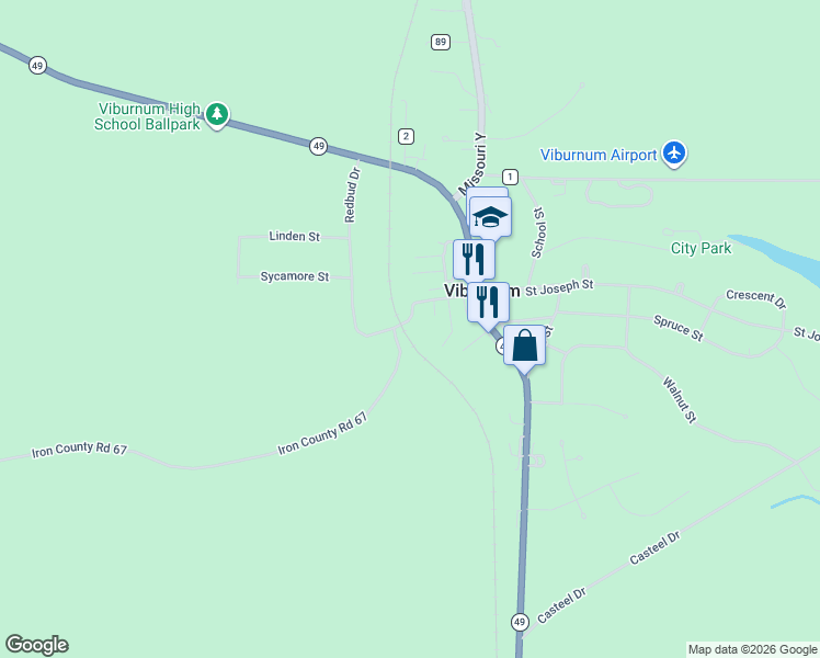 map of restaurants, bars, coffee shops, grocery stores, and more near 3 Saint Joseph Street in Viburnum