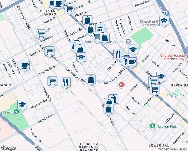 map of restaurants, bars, coffee shops, grocery stores, and more near 2470 Washington Avenue in San Leandro