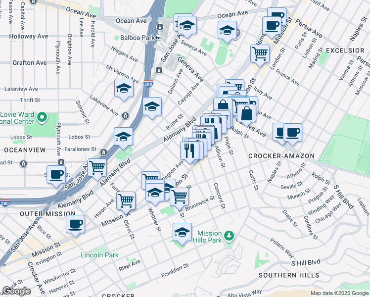 map of restaurants, bars, coffee shops, grocery stores, and more near 57 Ottawa Avenue in San Francisco