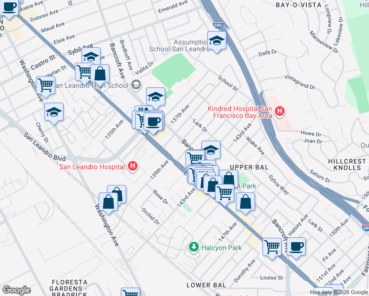 map of restaurants, bars, coffee shops, grocery stores, and more near 1477 140th Avenue in San Leandro