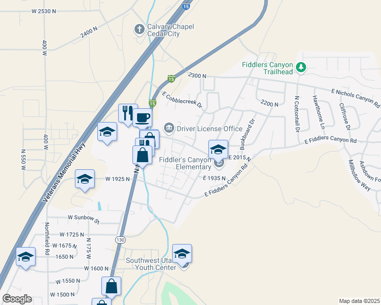 map of restaurants, bars, coffee shops, grocery stores, and more near 340 DL Sargent Drive in Cedar City