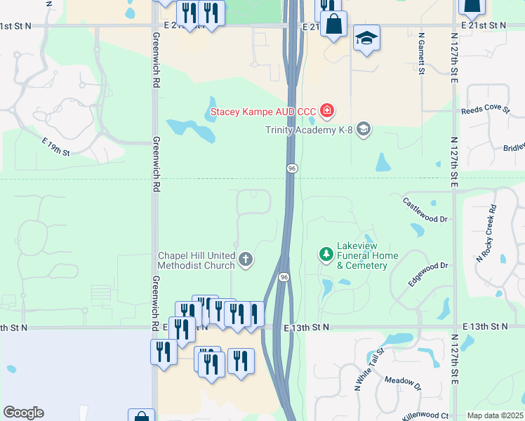 map of restaurants, bars, coffee shops, grocery stores, and more near 11718 East Crestwood Street in Wichita