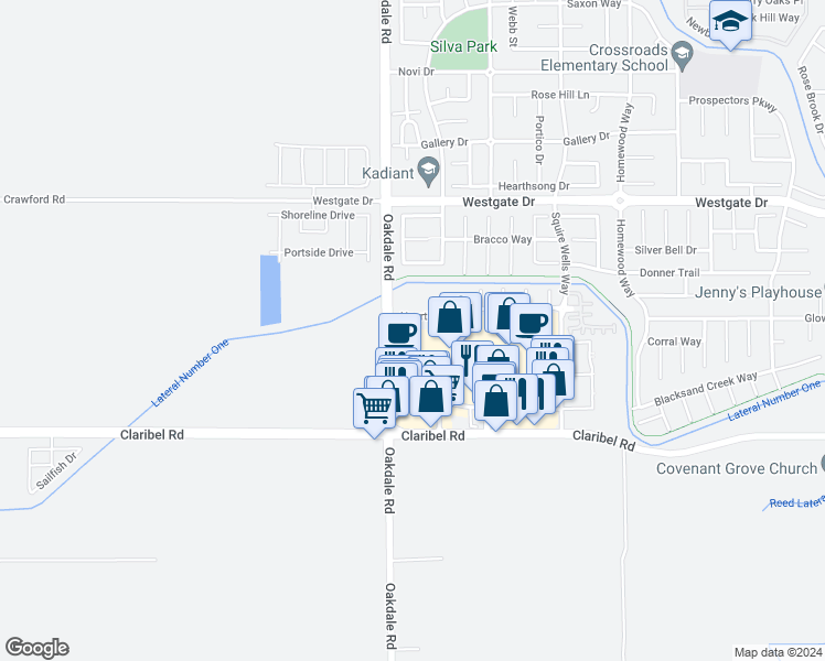 map of restaurants, bars, coffee shops, grocery stores, and more near 5242 Hannah Court in Riverbank