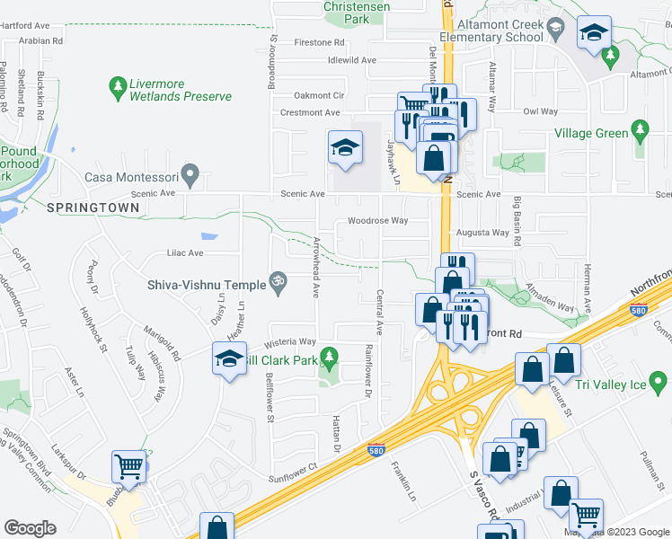 map of restaurants, bars, coffee shops, grocery stores, and more near 5546 Goldenrod Drive in Livermore