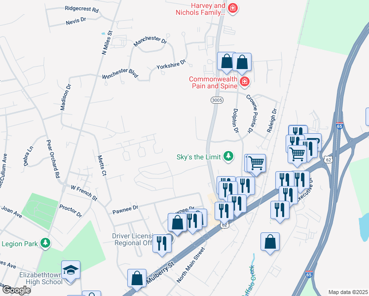 map of restaurants, bars, coffee shops, grocery stores, and more near 3001 Ring Road in Elizabethtown