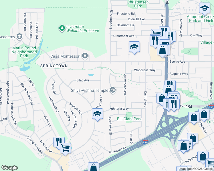 map of restaurants, bars, coffee shops, grocery stores, and more near 1414 Columbine Way in Livermore