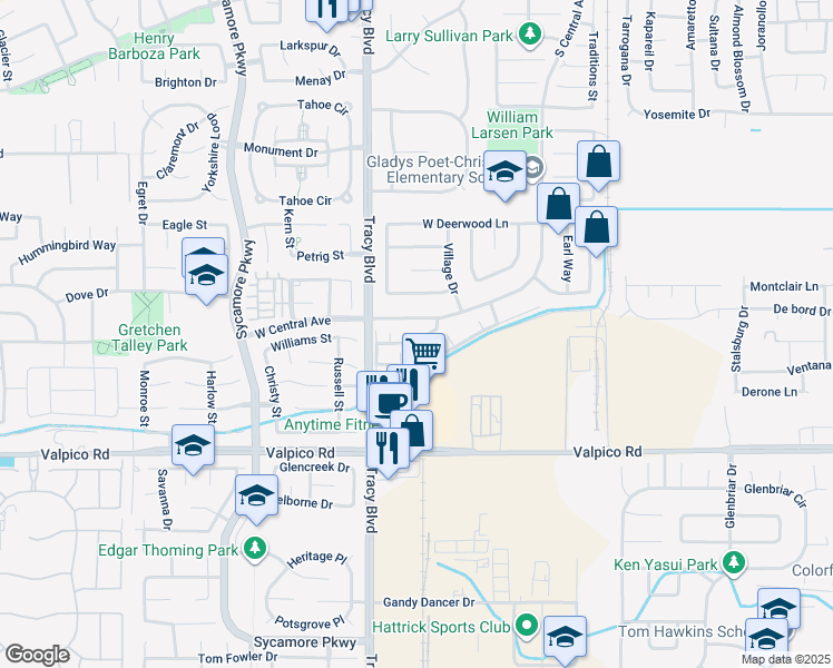 map of restaurants, bars, coffee shops, grocery stores, and more near 500 West Central Avenue in Tracy