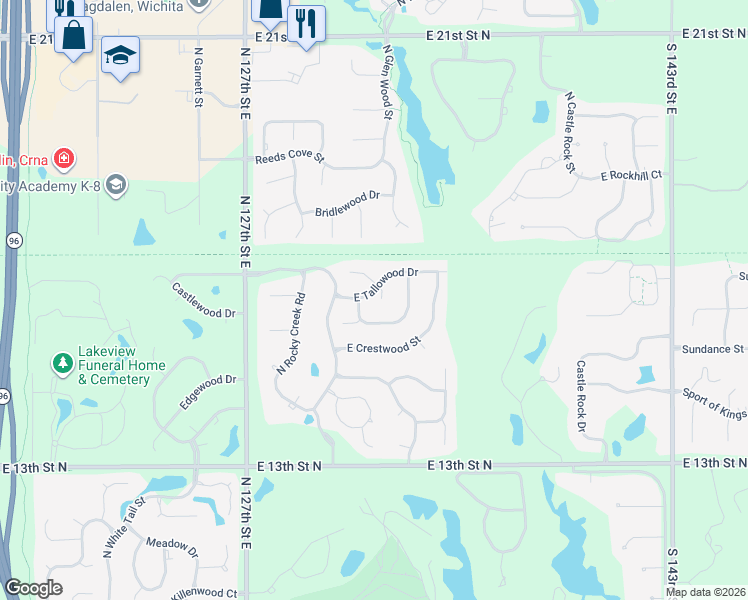map of restaurants, bars, coffee shops, grocery stores, and more near 13327 Tallowood Court in Wichita