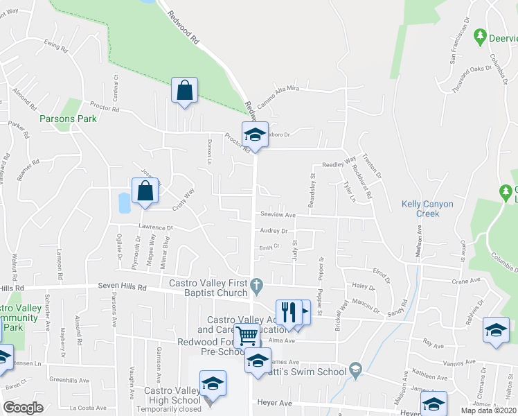 map of restaurants, bars, coffee shops, grocery stores, and more near 4826 Seaview Avenue in Castro Valley