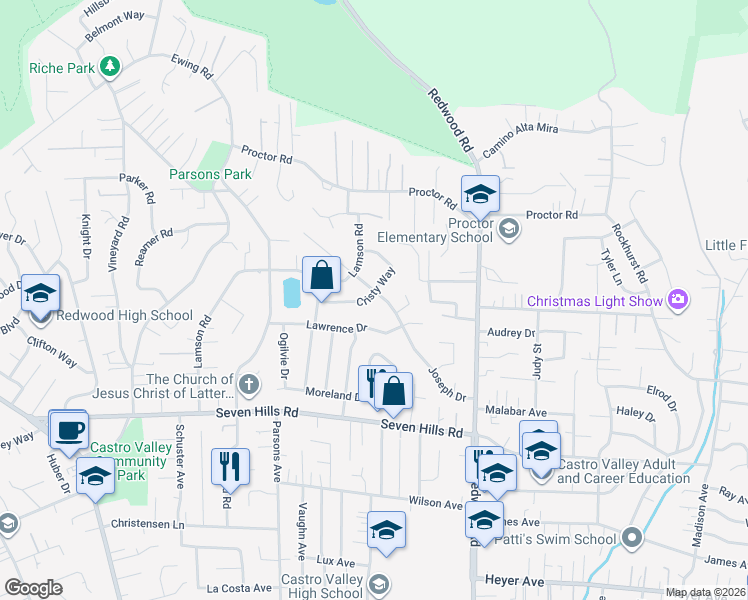 map of restaurants, bars, coffee shops, grocery stores, and more near 18029 Joseph Drive in Castro Valley