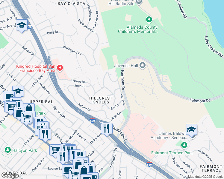 map of restaurants, bars, coffee shops, grocery stores, and more near 14714 Midland Road in San Leandro