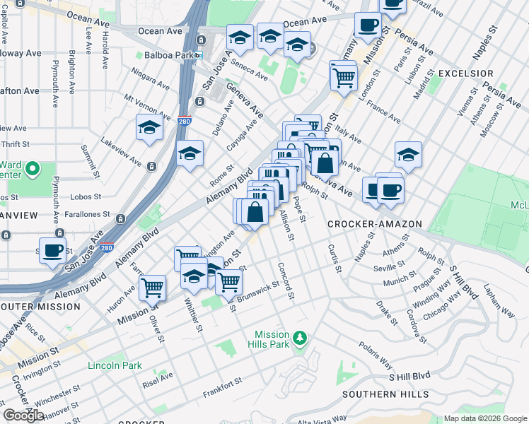 map of restaurants, bars, coffee shops, grocery stores, and more near 137 Ellington Avenue in San Francisco