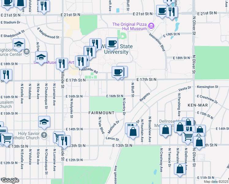 map of restaurants, bars, coffee shops, grocery stores, and more near 1725 North Roosevelt Street in Wichita