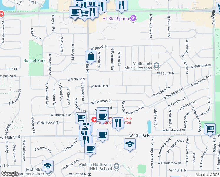 map of restaurants, bars, coffee shops, grocery stores, and more near 8550 West 16th Street North in Wichita