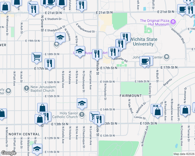 map of restaurants, bars, coffee shops, grocery stores, and more near 1725 N 31st Street East in Wichita