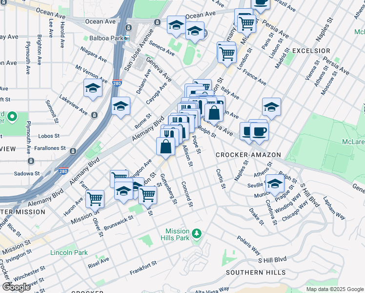 map of restaurants, bars, coffee shops, grocery stores, and more near 25 Allison Street in San Francisco