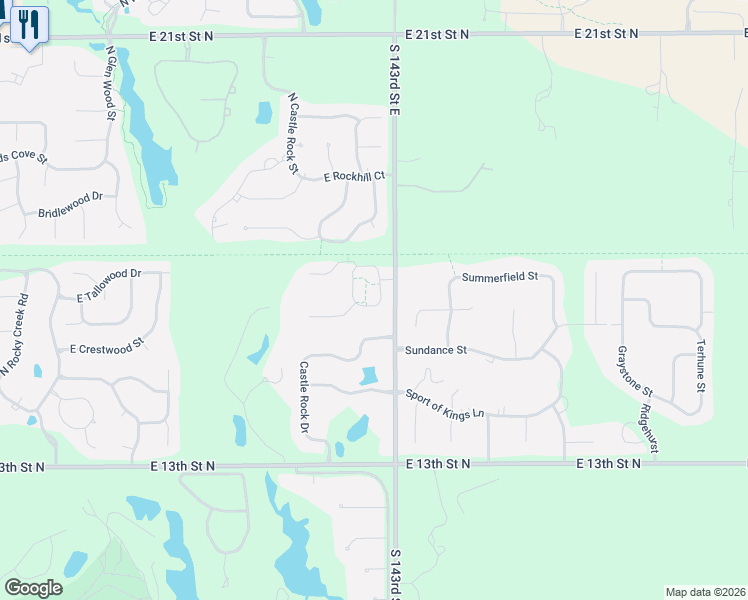 map of restaurants, bars, coffee shops, grocery stores, and more near 1857-1959 North 143rd Street East in Wichita