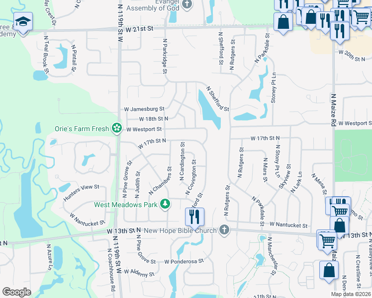 map of restaurants, bars, coffee shops, grocery stores, and more near 1719 North Cardington Street in Wichita