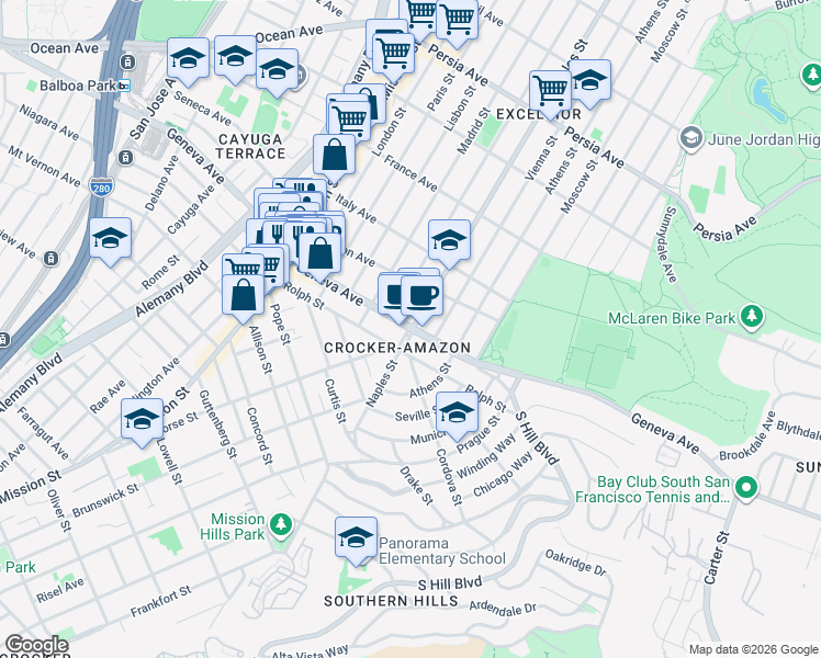 map of restaurants, bars, coffee shops, grocery stores, and more near Geneva Ave & Naples St in San Francisco