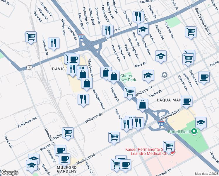map of restaurants, bars, coffee shops, grocery stores, and more near 1734 Timothy Drive in San Leandro