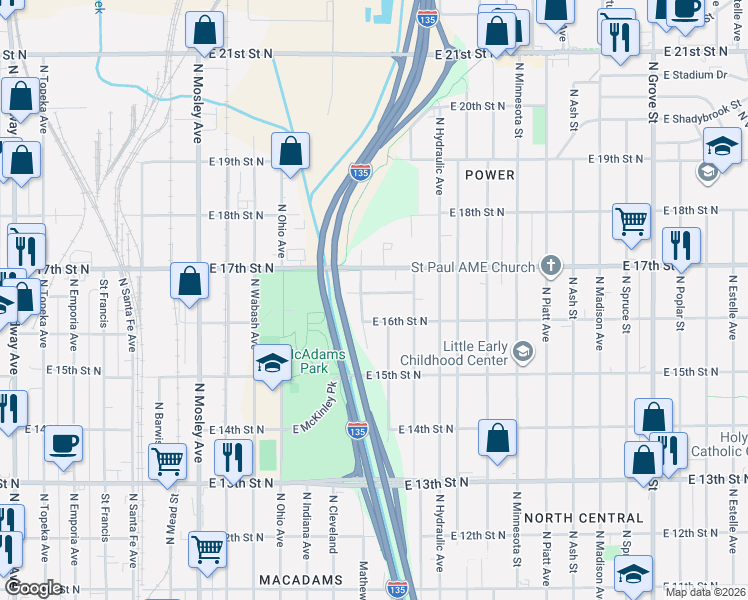 map of restaurants, bars, coffee shops, grocery stores, and more near 1511 East Arnold Street in Wichita