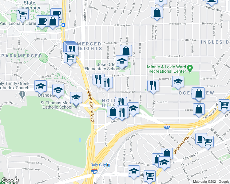 map of restaurants, bars, coffee shops, grocery stores, and more near Randolph Street & Vernon Street in San Francisco
