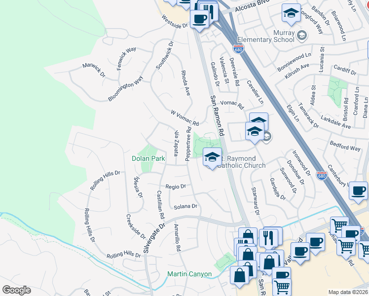 map of restaurants, bars, coffee shops, grocery stores, and more near 8093 Peppertree Road in Dublin
