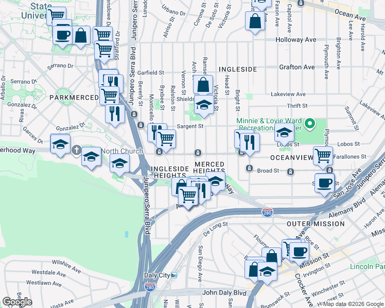 map of restaurants, bars, coffee shops, grocery stores, and more near Randolph Street in San Francisco