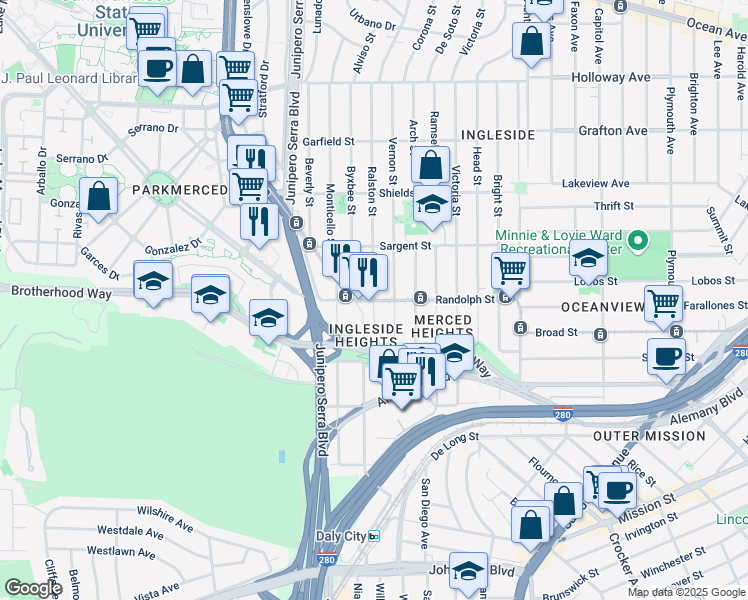 map of restaurants, bars, coffee shops, grocery stores, and more near Randolph Street & Ralston Street in San Francisco