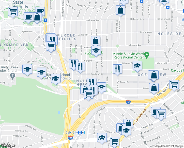 map of restaurants, bars, coffee shops, grocery stores, and more near Randolph Street & Arch Street in San Francisco