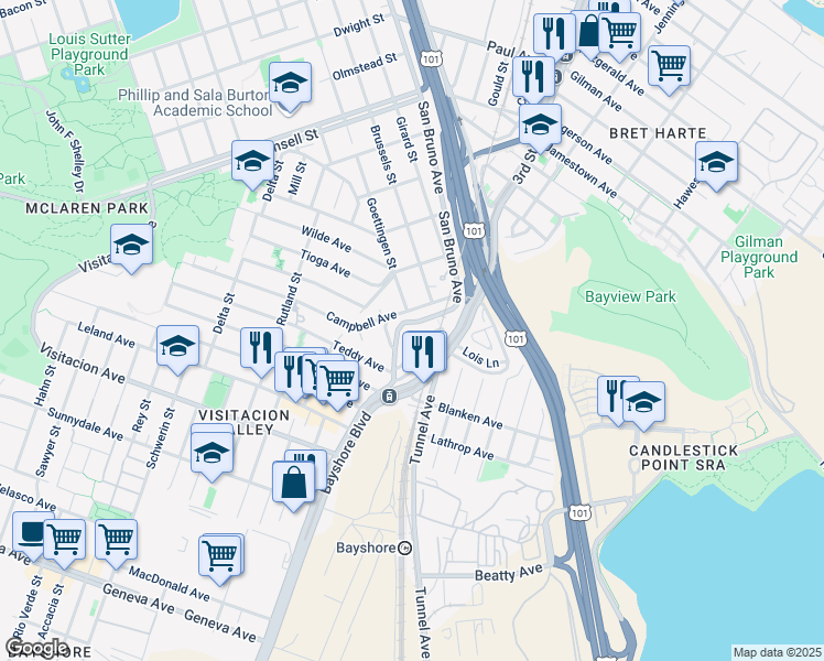 map of restaurants, bars, coffee shops, grocery stores, and more near 3901 San Bruno Avenue in San Francisco