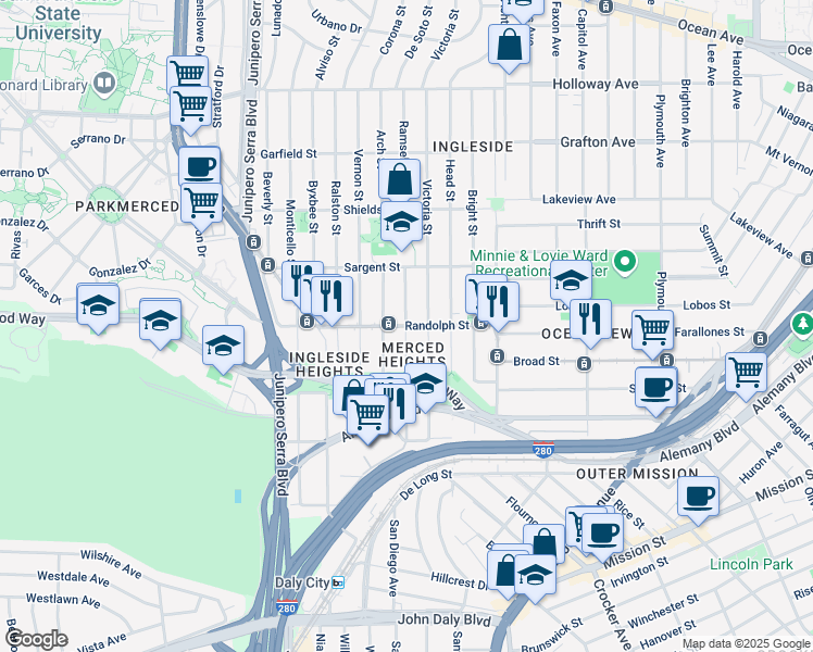 map of restaurants, bars, coffee shops, grocery stores, and more near Randolph St & Ramsell St in San Francisco
