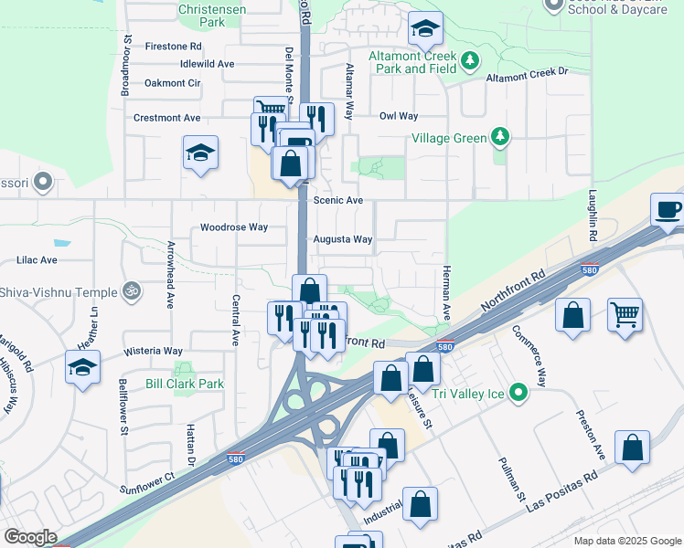 map of restaurants, bars, coffee shops, grocery stores, and more near 6476 Forget Me Not in Livermore