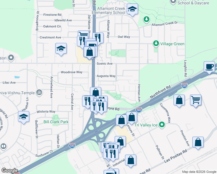 map of restaurants, bars, coffee shops, grocery stores, and more near 6464 Forget Me Not in Livermore