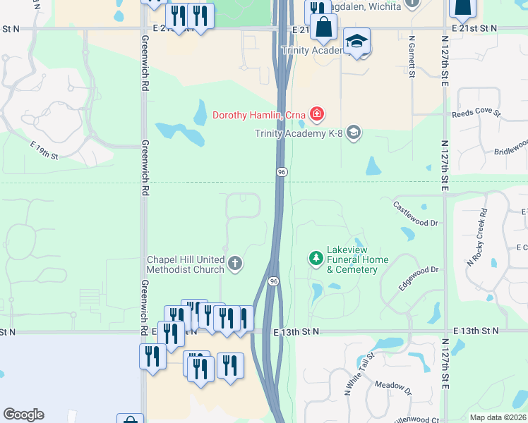 map of restaurants, bars, coffee shops, grocery stores, and more near 1708 North Bedford Street in Wichita