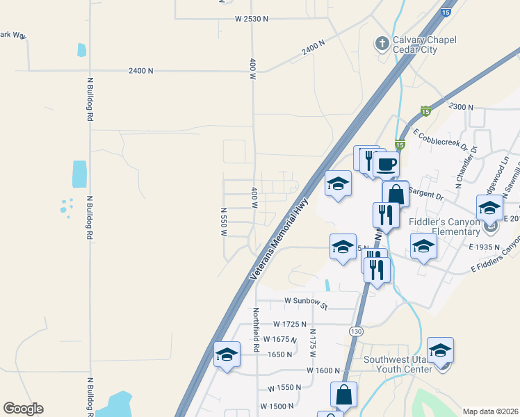 map of restaurants, bars, coffee shops, grocery stores, and more near 418 West 2050 North in Cedar City