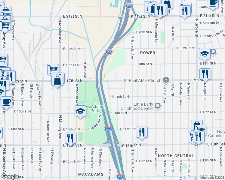 map of restaurants, bars, coffee shops, grocery stores, and more near 1511 East Arnold Street in Wichita