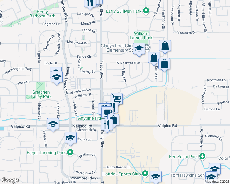 map of restaurants, bars, coffee shops, grocery stores, and more near 500 West Central Avenue in Tracy