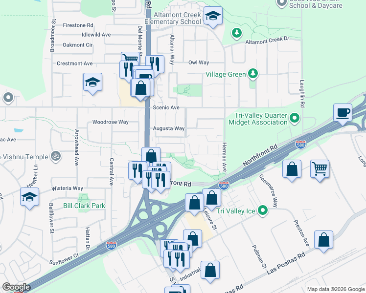 map of restaurants, bars, coffee shops, grocery stores, and more near 895 Almaden Court in Livermore