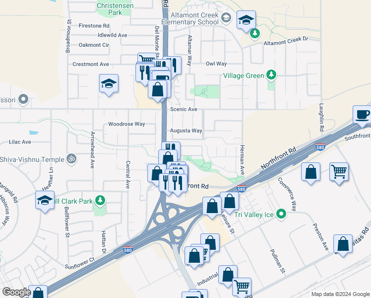 map of restaurants, bars, coffee shops, grocery stores, and more near 6464 Forget Me Not in Livermore