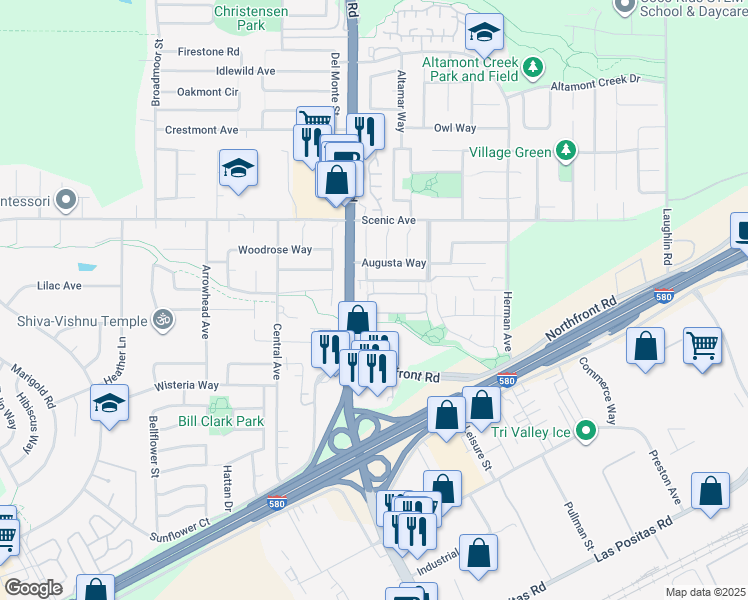 map of restaurants, bars, coffee shops, grocery stores, and more near 6609 Forget Me Not in Livermore