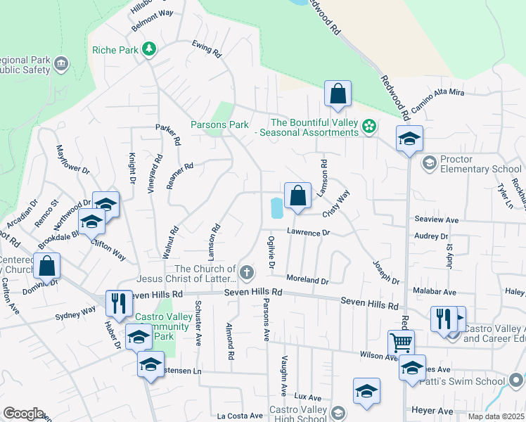 map of restaurants, bars, coffee shops, grocery stores, and more near 18238 Almond Road in Castro Valley