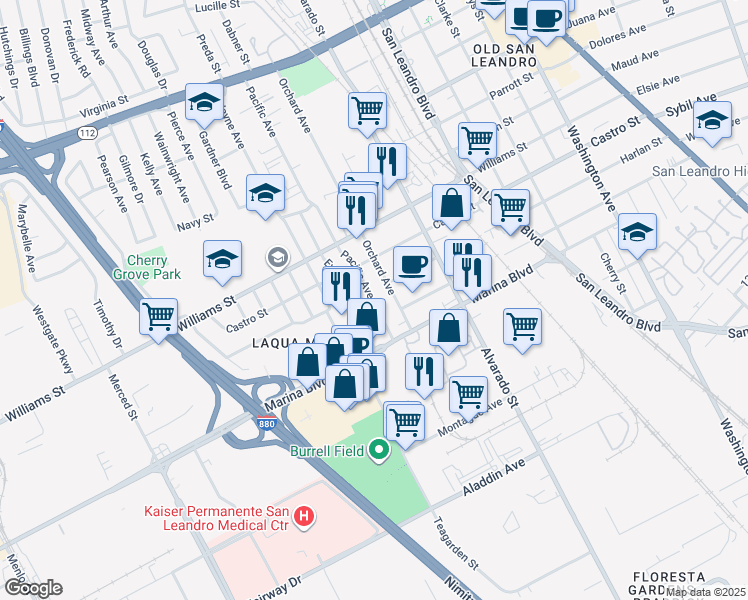 map of restaurants, bars, coffee shops, grocery stores, and more near 2024 Pacific Avenue in San Leandro