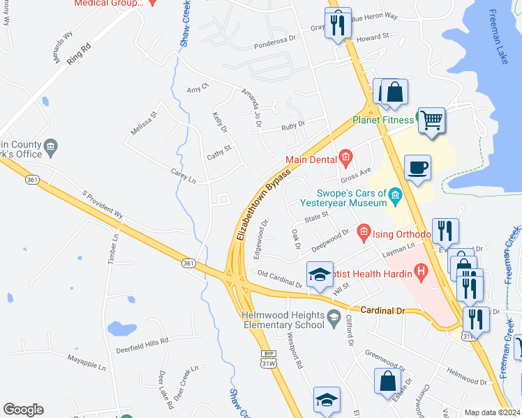 map of restaurants, bars, coffee shops, grocery stores, and more near 118 Edgewood Drive in Elizabethtown