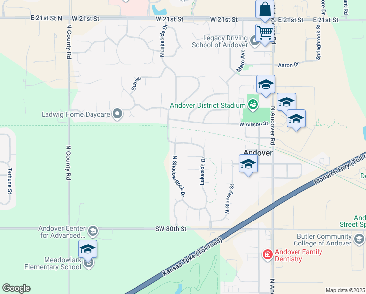 map of restaurants, bars, coffee shops, grocery stores, and more near 1619 North Lakeside Drive in Andover