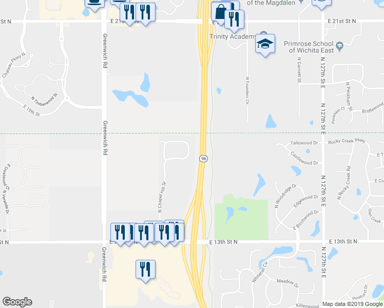 map of restaurants, bars, coffee shops, grocery stores, and more near 1712 North Bedford Street in Wichita