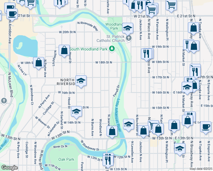 map of restaurants, bars, coffee shops, grocery stores, and more near 1727 North Jeanette Avenue in Wichita
