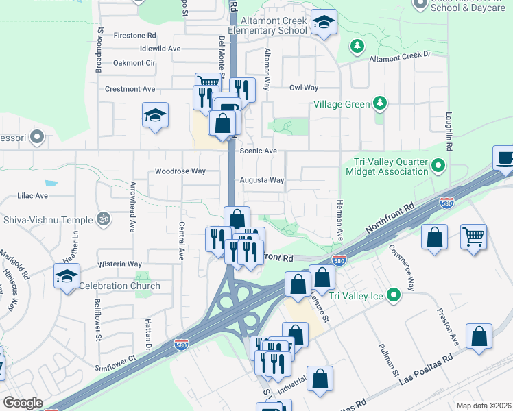 map of restaurants, bars, coffee shops, grocery stores, and more near 6506 Forget Me Not in Livermore