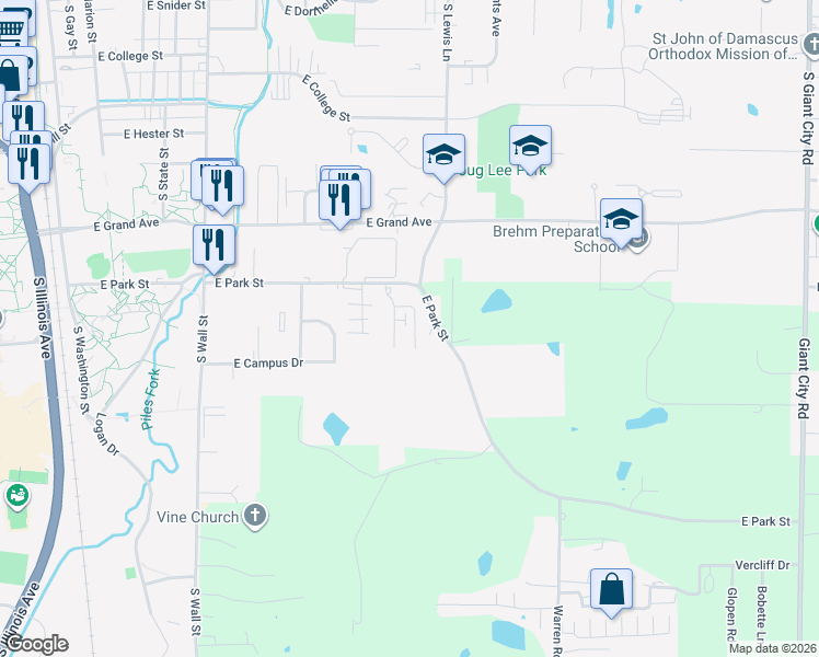 map of restaurants, bars, coffee shops, grocery stores, and more near 1001 East Park Street in Carbondale