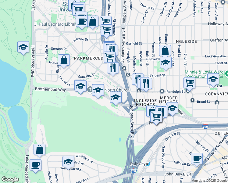 map of restaurants, bars, coffee shops, grocery stores, and more near 50 Chumasero Drive in San Francisco